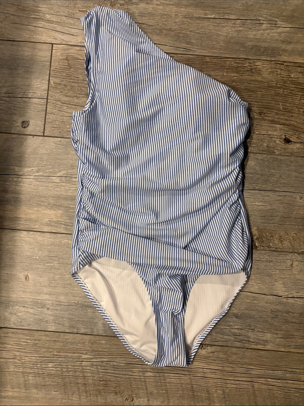 J Crew blue & white  seersucker 1 shoulder swim suit LN SZ 12